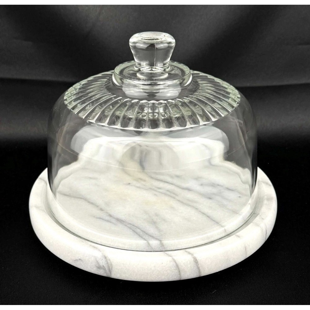 Vintage Marble Base Cheese Board w/ Glass Cloche Dome Lid MCM Himark